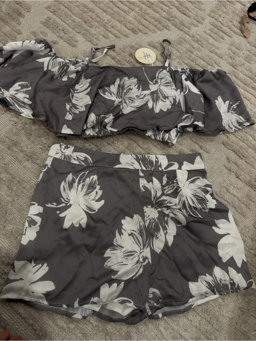 Luxxel Gray and White Floral Shorts Skirt Set